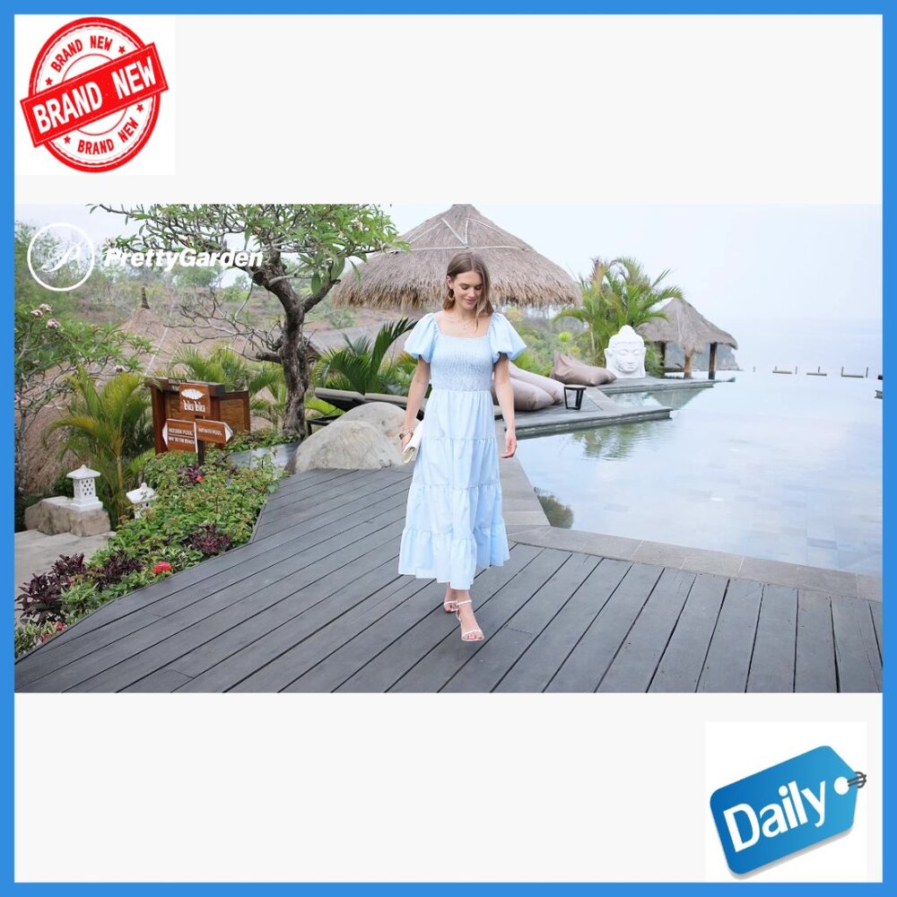 Puffy Sleeve Square Neck Smocked Midi Dress Tiered Ruffle Summer Casual - Picture 7 of 7